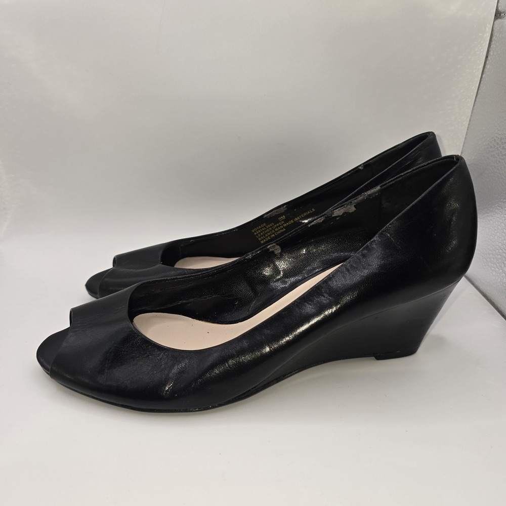 Franco Sarto Women's sz 8 Black Leather Peep Toe Wedge Heels Voyage